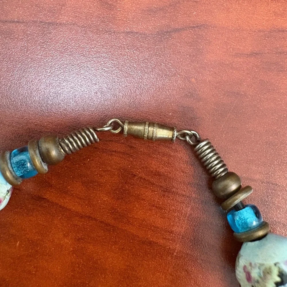 Vintage Floral Ceramic Bead Necklace Turquoise‎ Boho Statement